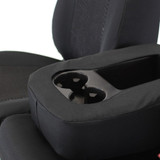 Close-up of Cool-Max Seat Covers console cover with precise custom-fit openings for cupholders and storage.