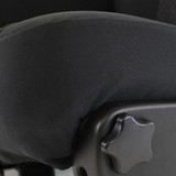Close-up of black Cool-Max Seat Cover showing a snug custom fit around the seat base and manual adjustment controls.