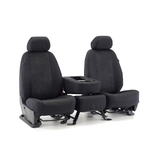 Cool-Max Seat Covers on a 40/20/40 bench seat with the center console folded down, showing precise cupholder and storage openings.