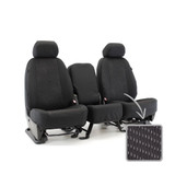 Black Cool-Max Seat Covers on a 40/20/40 bench seat, featuring breathable mesh panels and a matching fabric swatch.