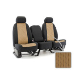 Cool-Max Seat Covers in tan and black on a 40/20/40 bench seat, featuring breathable mesh inserts and a fabric swatch.