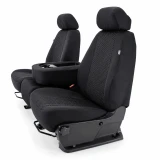 Front/angled view of black Cool-Max Seat Covers on bench seats, featuring breathable mesh inserts and a custom fit.