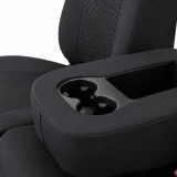 Close-up of Cool-Max Seat Covers console cover with precise custom-fit openings for cupholders and storage.