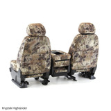 Rear view of Kryptek Highlander camo seat covers showing console access, storage pockets, and a clean tailored truck fit.