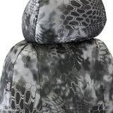 Detailed view of Kryptek Raid camo seat cover headrest and upper seatback, featuring side airbag compatibility.