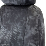 Close-up view of the high-definition tactical pattern on a Kryptek Typhon waterproof camo seat cover backrest.
