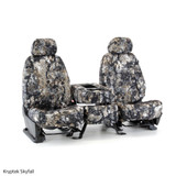 Kryptek Skyfall camo seat covers on front bucket seats and center console, providing a rugged custom-fit style.