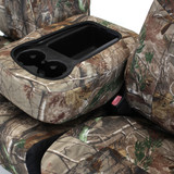 Realtree Camo NeoSupreme center console cover close-up, showing precise openings for cupholders and storage.