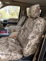 Luxury Line Kryptek camo seat covers on 40/20/40 front bench with console, Highlander tan honeycomb on seats and lid.