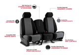 Infographic showing CORDURA 1000 Denier Xtra-Duty Seat Covers features: airbags/heated seats compatible, pockets, storage access.