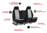 Infographic showing Sof-Touch Leatherette Seat Covers features: side airbag/heated seat compatible, headrest covers, pockets, and access to controls.