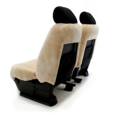 Rear/angled view of Tailor-made Sheepskin Seat Covers with open-back design and tailored fit for front seats.