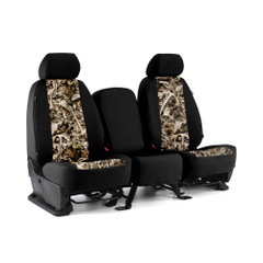 Bonz Waterproof Camo Seat Covers for front seats with center console, black sides with camo insert panels and custom fit.