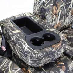Realtree Waterproof Camo Seat Covers center console cover with cupholder/storage opening and camo trim.