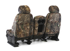 Realtree Waterproof Camo Seat Covers rear view with center console/cupholder opening and full camo coverage.