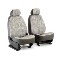 Saddle Blanket Seat Covers shown on front bucket seats, woven saddle blanket center panels with black sides and custom fit.