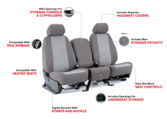 Infographic showing OEM Seat Covers features: side airbag/heated seat compatible, pockets, and access to controls.