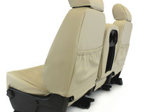Imitation Leather Seat Covers rear/angled view showing tailored fit, rear storage pockets, and center console/cupholder access.