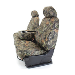 Mossy Oak Waterproof Camo Seat Covers side view on front bench seat with fold-down console and full camo coverage.