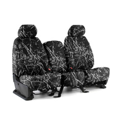 Moon Shine Waterproof Camo Seat Covers full set shown on seats, dark branch-pattern camo with custom-fit coverage.