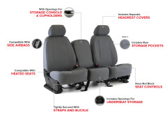 Infographic showing Atomic Pro-Tect Seat Covers features: storage console access, side airbag ready, and storage pockets.