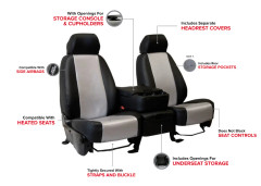 Infographic showing Carbon Fiber Seat Covers features: side airbag/heated seat compatible, headrest covers, pockets, and access to controls.