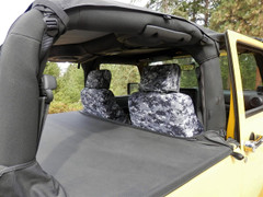 Military Camo Seat Covers installed in a Jeep interior, digital camo pattern on front seats for rugged protection.