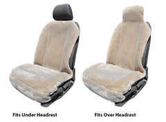 Comparison showing Fleece Universal Seat Covers fitting both under and over headrests for flexible vehicle installation.