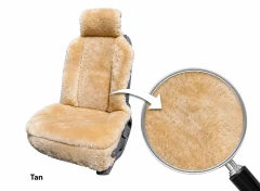 Tan Sheepskin Universal Seat Cover on front bucket seat with a close-up zoom showing plush natural wool texture.
