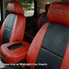 Exotic Seat Covers (Flame Croc w/ Midnight Croc Inserts) shown on front seats, vibrant red and black crocodile skin texture.