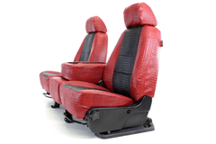 Side view of Exotic Seat Covers in red and black crocodile skin texture, showing durable tailored coverage.