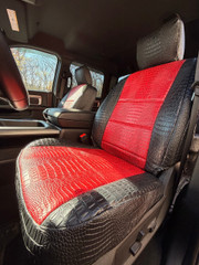 Exotic seat covers in Midnight Croc with Flame Croc on front passenger seat, red croc center panels and black croc headrest.