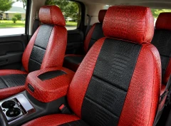 Exotic Seat Covers (Flame Croc w/ Midnight Croc Inserts) front bucket seats and center console cover with premium crocodile skin texture.