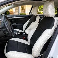 Exotic Seat Covers (Bone Croc w/ Perforated Sof-Touch Black Inserts) on front bucket seats with a tailored fit.
