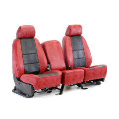 Exotic Seat Covers (Red Croc w/ Black Croc Inserts) on front seats with center console, premium embossed luxury look.
