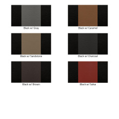 Sof-Touch Leatherette Seat Covers color combos: black with gray, caramel, sandstone, charcoal, brown, or salsa.