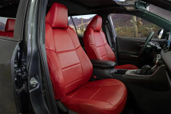 Sof-Touch Leatherette Seat Covers full set shown on seats, two-tone black with gray inserts and a clean tailored fit.