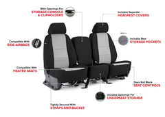 Sof-Touch Leatherette Seat Covers installed on front seats, two-tone black and light gray leatherette with a custom-fit finish.