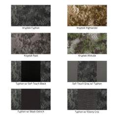 Luxury Line Kryptek Camo Seat Covers colorways: Kryptek Typhon, Highlander, Raid, and Altitude with leatherette/ostrich/croc trims.