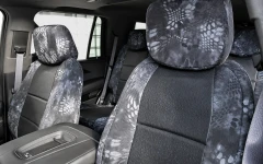 Luxury Line Kryptek Camo Seat Covers installed on front seats, Kryptek Typhon Camo with  Black Ostrich Insert panels.
