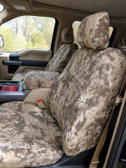 Luxury Line Kryptek camo seat covers on 40/20/40 front bench with console, Highlander tan honeycomb on seats and lid.
