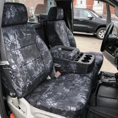 Luxury Line Kryptek camo seat covers on 40/20/40 bench with console, Typhon grey-black on seats, headrests, and cupholders.