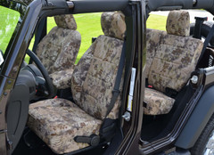 Kryptek Highlander Front and Rear Seat covers on a Jeep Wrangler.