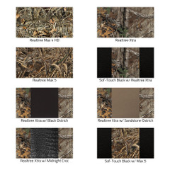 Luxury Line Realtree Camo Seat Covers pattern options: Realtree Max 4 HD, Max 5, and Xtra with Sof-Touch/ostrich/croc trims.
