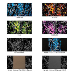 Moon Shine camo patterns including Undertow, Wildfire, Toxic, and Harvest Moon with ostrich inserts.