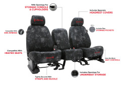 Infographic showing Kryptek Camo Seat Covers features: side airbag ready, console access, and custom fit.
