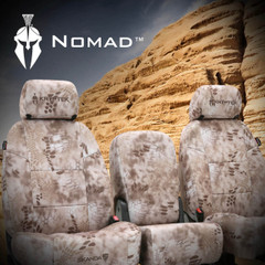 Kryptek Nomad Camo Seat Covers on front seats, desert tactical pattern for a custom-fit off-road look.