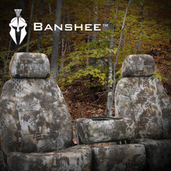 Kryptek Banshee Camo Seat Covers on front seats, autumn forest tactical pattern for a custom-fit outdoor style.