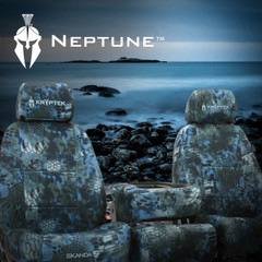 Kryptek Neptune Camo Seat Covers on front seats, dark blue tactical water pattern with a custom-fit finish.