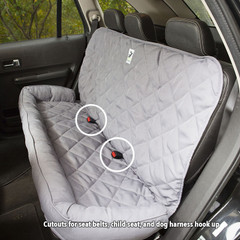 Universal Pet Seat Cover with cutouts for seat belts, child seats, and dog harness hookups for safety and convenience.